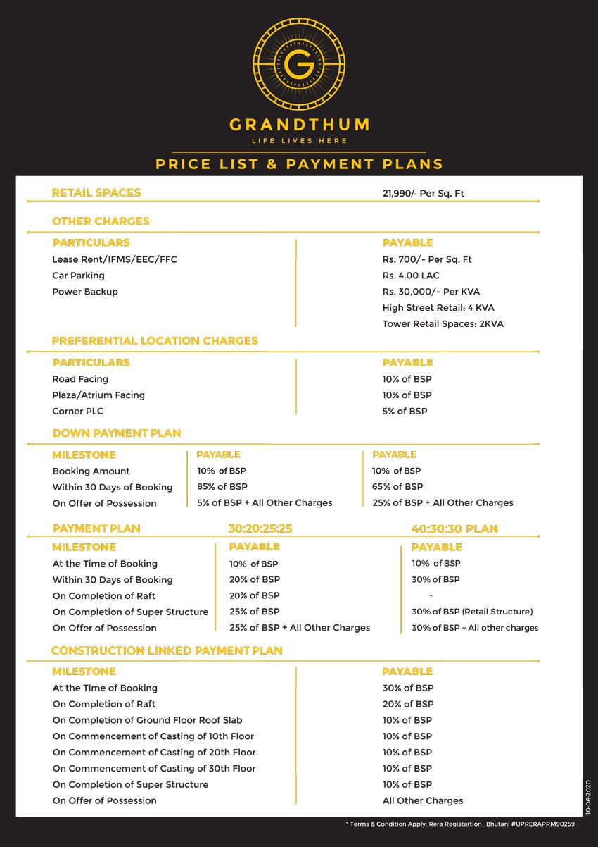 Retail Shops Price List Payment Plan